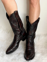 Load image into Gallery viewer, VINTAGE DAN POST BLACK CHERRY TEJU COWBOY BOOTS