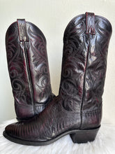Load image into Gallery viewer, VINTAGE DAN POST BLACK CHERRY TEJU COWBOY BOOTS